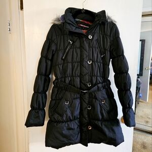 Women's Black Puffer Jacket with Fur Trim